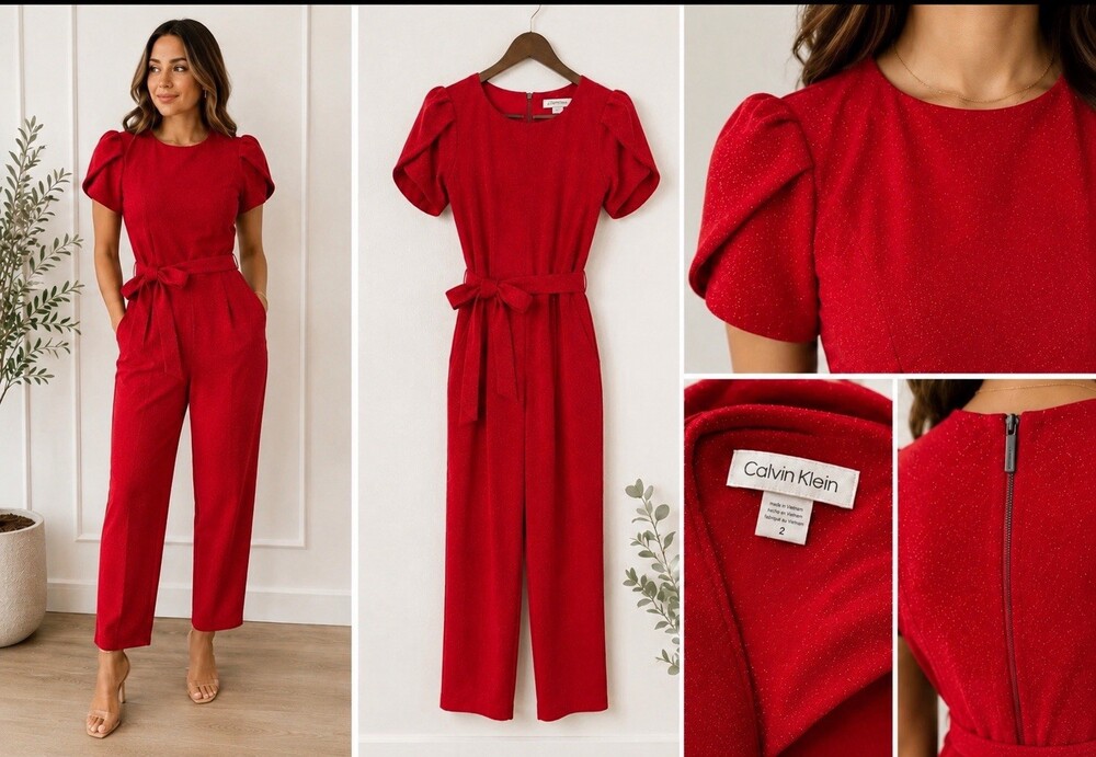 Calvin Klein Sparkly Glitter Puff Sleeve Belted Jumpsuit Red Size 2 Tulip